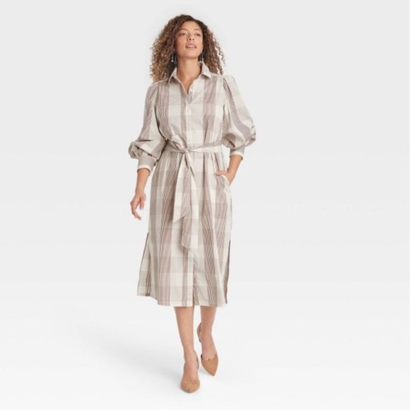 a new day Dresses & Skirts - 🏆 Shirt Dress Midi Gingham Plaid Cream Brown NWT XXL